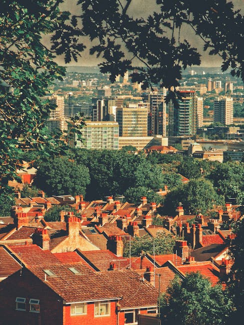 A panoramic view from a garden, showing a mix of residential rooftops with red tiles in the foreground, interspersed with lush green trees. Beyond the houses, there is a dense area of mature trees and